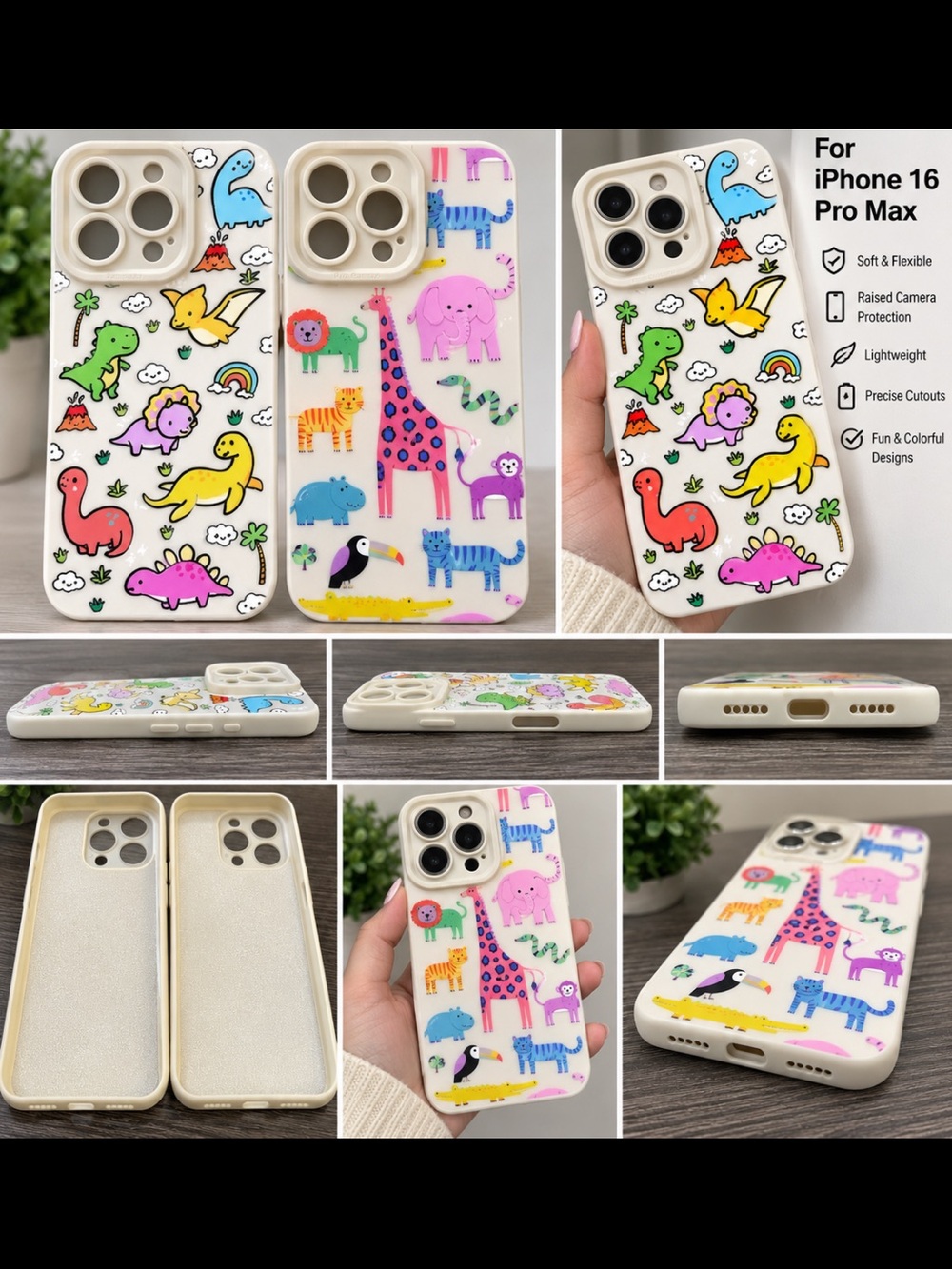 iPhone 16 Pro Max Case Soft Flexible TPU Dinosaur Safari, Animal Print